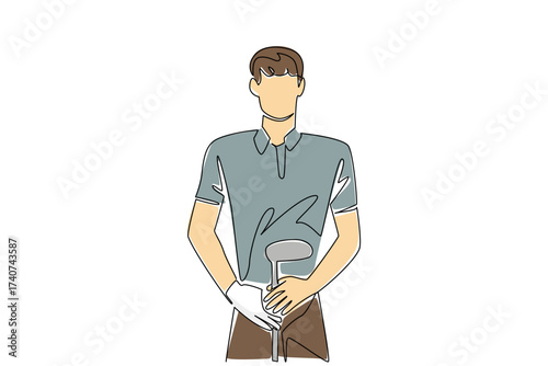 Single continuous line drawing a man wearing gloves holding a golf club. Determined to make a hole in one. Candidate for champion. Competition. National Golf Day. One line design vector illustration
