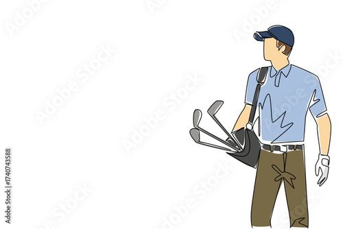 Single one line drawing man wearing a hat and gloves carrying a various golf clubs with golf bag. The newbie who just started practicing. National Golf Day. Continuous line design graphic illustration