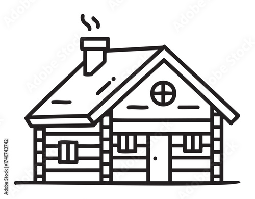 Black outline icon of a classic log cabin with a pitched roof, chimney, and round window, showcasing simple architecture.