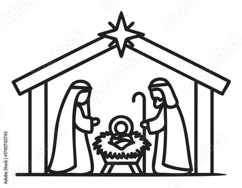 Black outline vector icon of a nativity scene with mary, joseph, and baby jesus in a manger under a stable with a star on top.