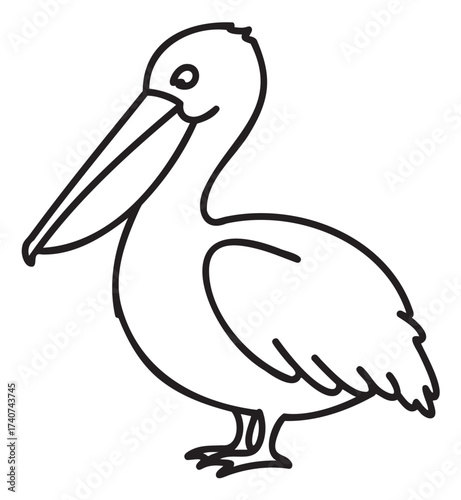 Simple black outline of a standing pelican with a large beak and visible feathers.