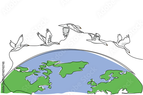 Continuous one line drawing goose mass flight across half the size of the globe. Go in groups to avoid the winter. Adaptation. World Migratory Bird Day. Single line draw design vector illustration