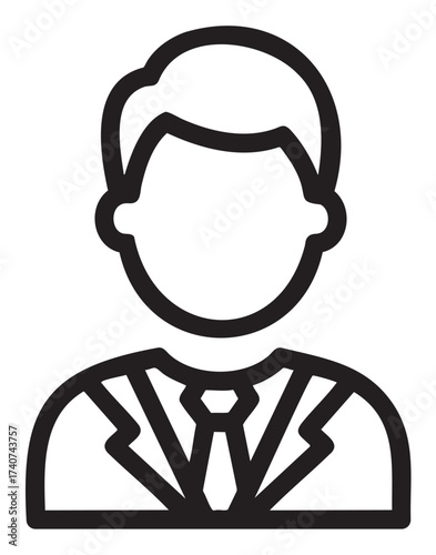 Black outline icon of a male figure in a suit and tie, lacking facial features, suitable for business or professional concepts.