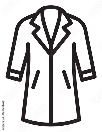 Black outline vector icon of a classic long overcoat with a collar and two pockets, ideal for fashion and clothing concepts.