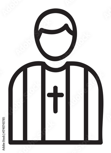 Simple black outline icon of a male figure wearing a robe with a cross, symbolizing a priest or religious leader.