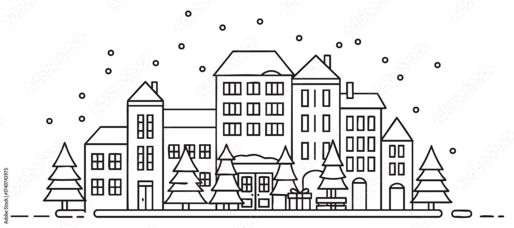 Naklejka premium Black outline linear drawing of a snowy urban street scene with residential buildings, pine trees, snowflakes, and a bench for a winter cityscape theme.