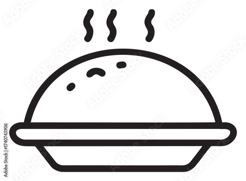 Black outline icon of a steaming pie in a dish, representing freshly baked food and culinary concepts.