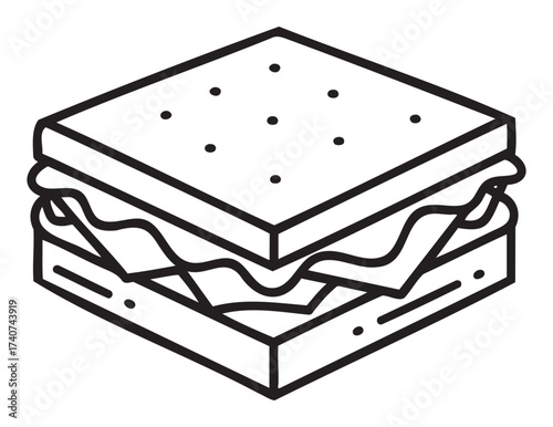 Black outline vector icon of a square sandwich with layered fillings including lettuce and dotted top slice of bread.