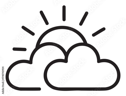Simple black outline drawing of the sun rising behind two clouds, featuring stylized sun rays extending outward.