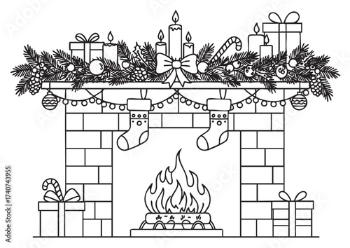 Black outline drawing of a decorated fireplace with stockings, gifts, and candles, evoking a festive holiday ambiance.