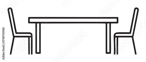Black outline icon of a simple rectangular dining table with two chairs, one on each side. minimal linear design for furniture and interior concepts.