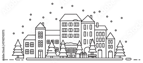 Black outline linear drawing of a snowy urban street scene with residential buildings, pine trees, snowflakes, and a bench for a winter cityscape theme.