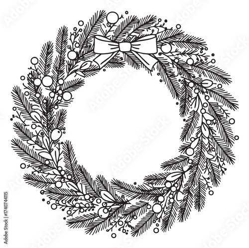 Black and white outline drawing of a circular festive wreath with a bow on top, adorned with holly leaves and berries.