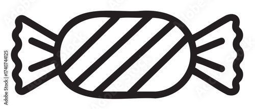 Black outline icon of a striped candy with twisted wrappers on both ends, representing a simple confectionery design.