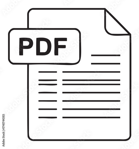 Black outline icon of a document with a 'pdf' label on the top left corner, featuring simple text lines and a folded corner.