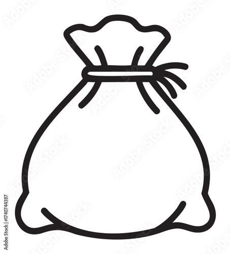 Black outline vector icon of a simple drawstring money bag, illustrating concepts of wealth, savings, and financial security.