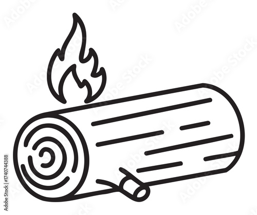 Black outline icon of a burning log with visible flames, representing concepts of campfire and warmth.