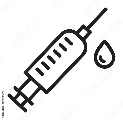 Black outline icon of a medical syringe with a droplet, illustrating healthcare and medical concepts.