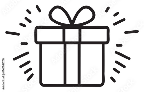 Black outline vector icon of a gift box with a bow, surrounded by radiating lines suggesting excitement and celebration.