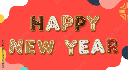 Happy new year festive greeting with sweet gingerbread cookies on a vibrant background.