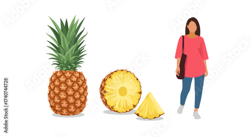A whole pineapple and a sliced pineapple are shown next to a person.