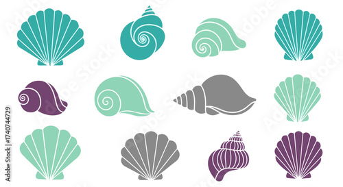 A delightful collection of assorted seashell illustrations in calming teal purple and gray hues.
