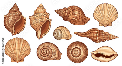 A diverse collection of detailed illustrations of various seashell types.