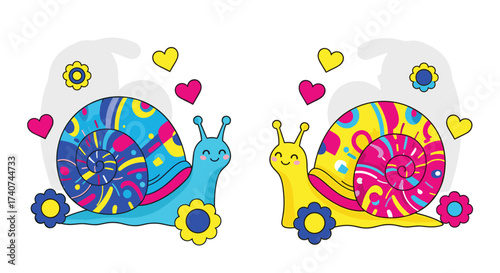 Two cute colorful snails with hearts and flowers in a whimsical garden illustration.