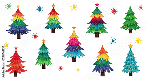 A vibrant collection of colorful Christmas trees with star toppers and scattered confetti designs.