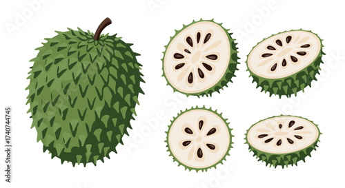 The soursop fruit and its refreshing juicy pulp with black seeds.