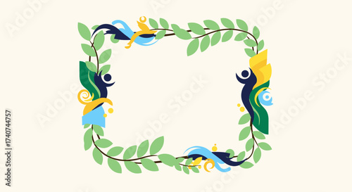 A decorative border with leaves and colorful abstract elements suggesting celebration or nature's bounty.