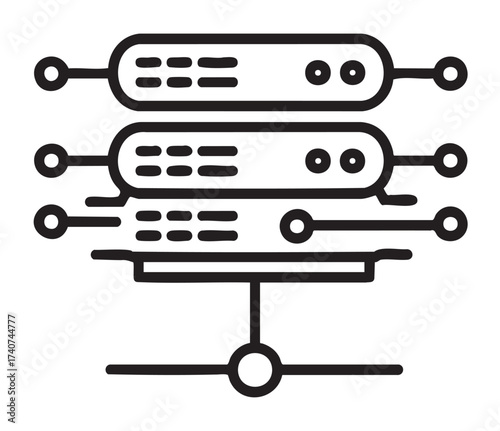 Black outline vector icon of a simplified server rack connected through network lines. minimal design representing data storage and communication technology.