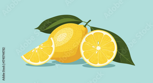 A bright and refreshing illustration of whole and sliced lemons with green leaves on a light blue background.