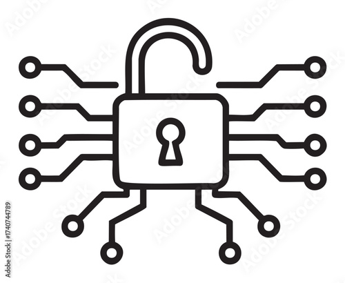 Black outline icon depicting a padlock with an open shackle connected to a network of intertwining circuits, symbolizing cybersecurity and data protection.