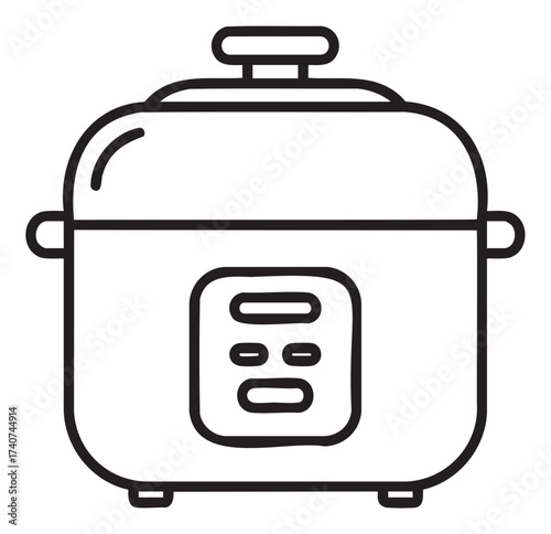 Black outline icon of a simple rice cooker with a front control panel and handle on top. minimal linear design for kitchen appliance and cooking concepts.