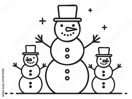 Black outline drawing of three snowmen with top hats and buttons, featuring simple facial expressions and small arms.