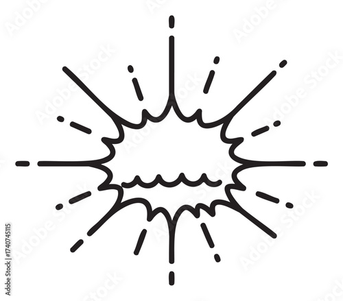 Black outline icon of an explosive comic book-style burst with a central wavy line, symbolizing action or energy in a minimal design.
