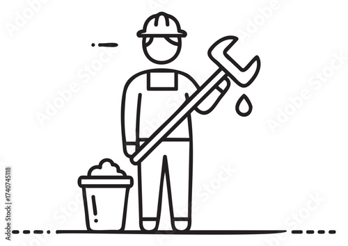 Simple black outline icon of a construction worker holding a wrench and standing next to a bucket, symbolizing labor and tool usage.