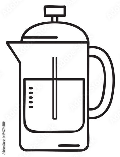 Black outline vector icon of a french press coffee maker with a plunger and handle, ideal for brewing freshly ground coffee.