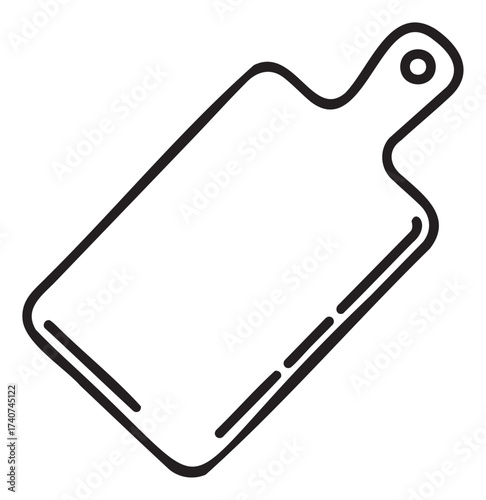 Black outline of a simple, rectangular cutting board with a handle and a hole for hanging, shown on a plain background.