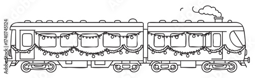 Black outline drawing of a train decorated with string lights, capturing a festive and celebratory atmosphere.