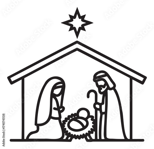 Black outline icon depicting a nativity scene, featuring mary, joseph, and baby jesus under a stable with a star above, symbolizing the christian christmas narrative.