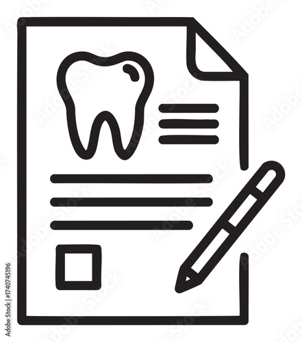 Black outline icon of a dental form with a tooth graphic and a pen, representing dental records and documentation.