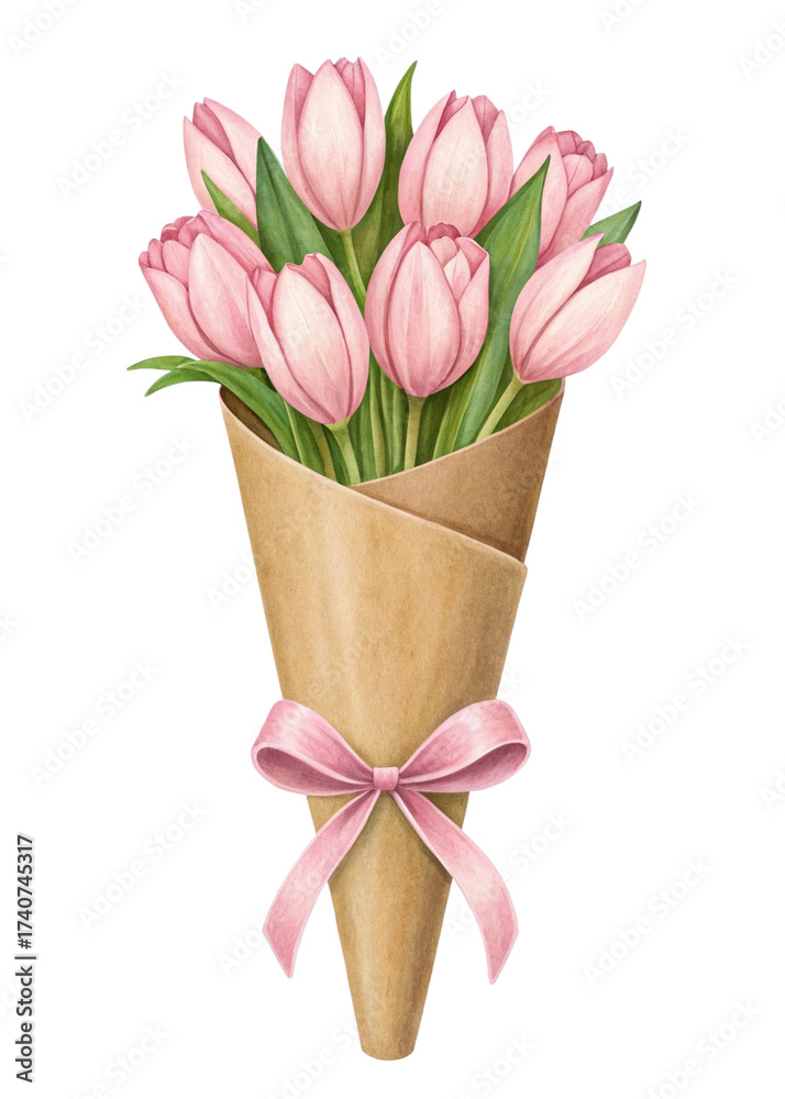Obraz premium Watercolor bouquet of pink tulips in a brown paper cone tied with a ribbon isolated on a transparent background