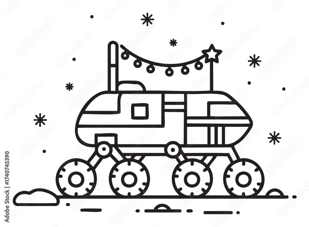 Fototapeta premium Black outline icon of a futuristic lunar rover with a detailed design, adorned with string lights and surrounded by stars.