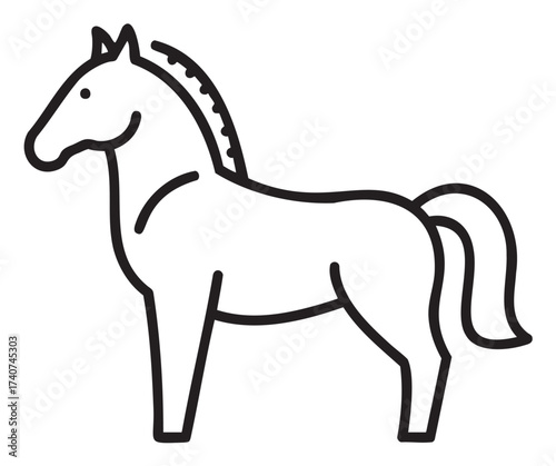 Black outline vector icon of a standing horse with a simplistic design and minimalistic features.