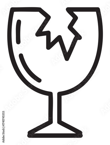 Black outline icon of a broken wine glass with a jagged crack on the bowl, symbolizing fragility or damage.
