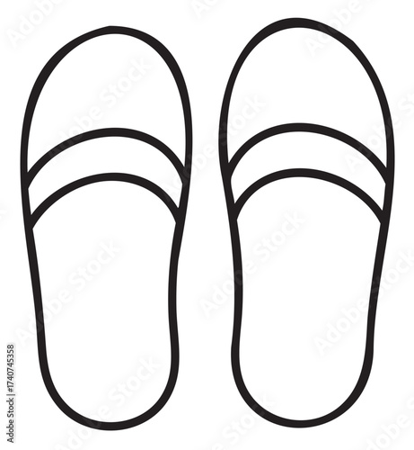 Black outline icon of a pair of simple slip-on sandals viewed from above. minimal linear design representing casual footwear.