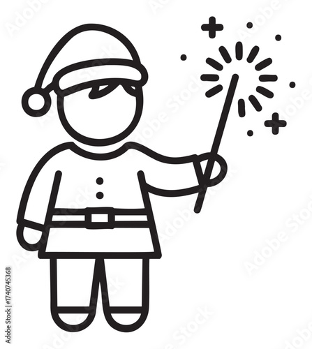 Simple black outline of a child in a santa hat holding a sparkler, evoking festive holiday cheer.