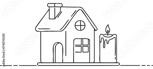 Black outline drawing of a simple house with a chimney beside a lit candle on a flat surface.